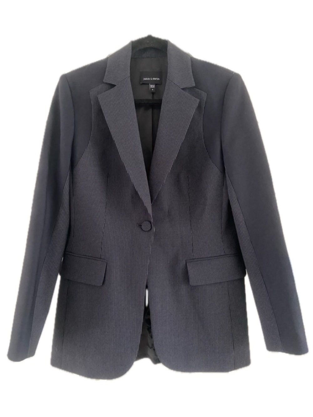 Judith & Charles Stretch Wool Blazer Size 4 Navy Pinstripe Tailored NWOT